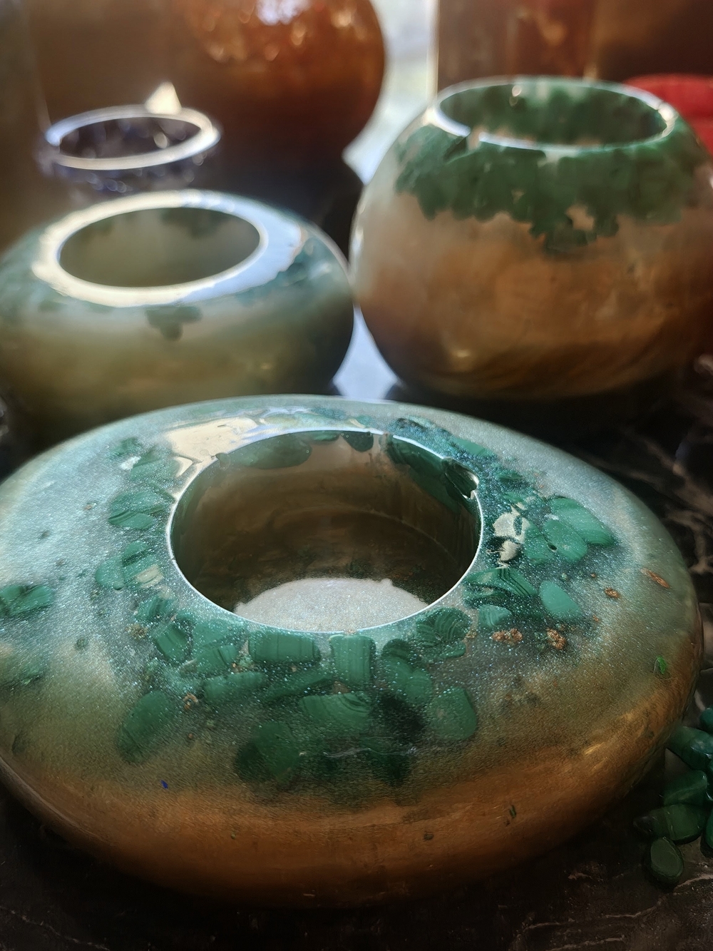The Aura Trio Candle Holders | Malachite & Gold Pearl